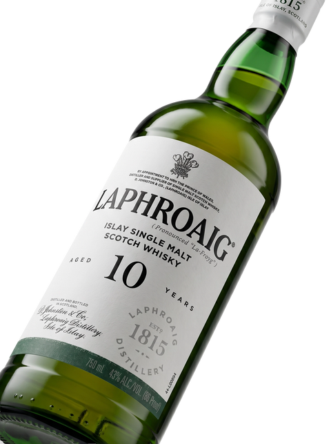 Detalle etiqueta Islay Single Malt Scotch Whisky Laphroaig 10 Years D. Johnston Destilería 1815 Islay