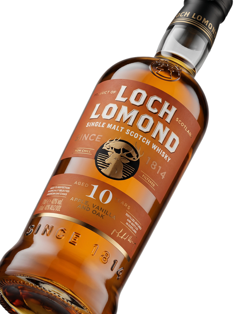 Detalle etiqueta Highland Single Malt Scotch Whisky Loch Lomond 10 Years Non Chill Filtered Destilería 1814