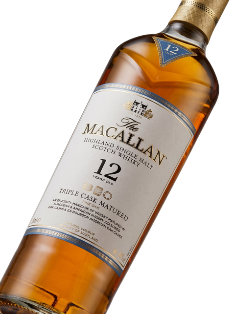 Detalle etiqueta Highland Single Malt Scotch Whisky The Macallan 12 Years Triple Cask Sherry Oak Bourbon