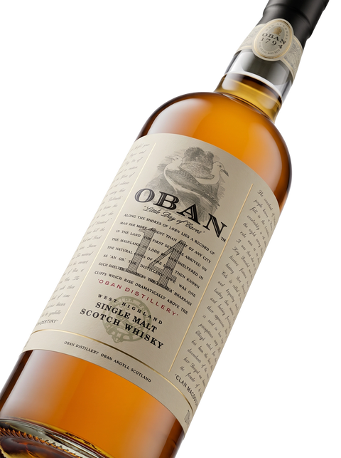Detalle etiqueta West Highland Single Malt Scotch Whisky Oban 14 Years Destilería 1794 Argyll