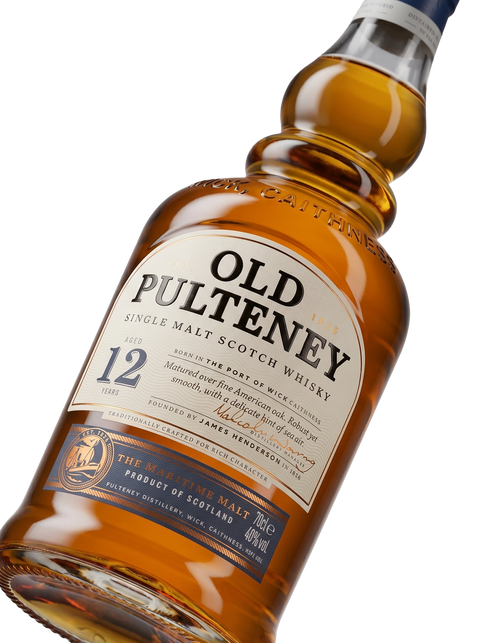 Detalle etiqueta Highland Single Malt Scotch Whisky Old Pulteney 12 Years Maritime Malt