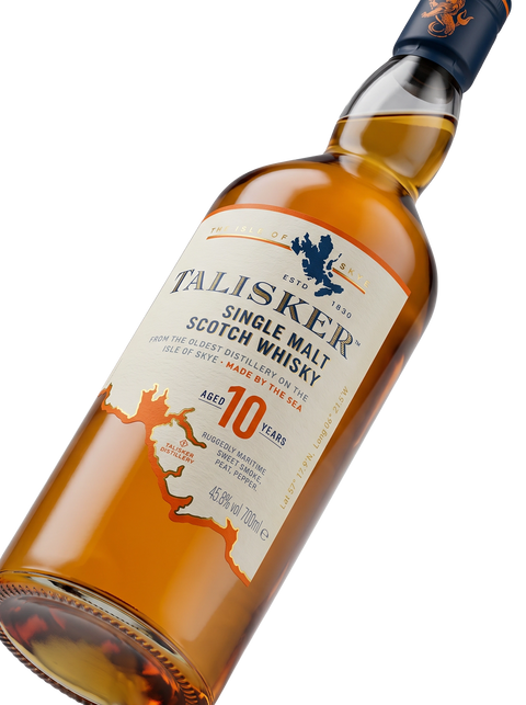 Detalle etiqueta Island Single Malt Scotch Whisky Talisker 10 Years Made by the Sea Peat Pepper