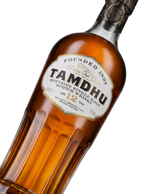 Detalle etiqueta Speyside Single Malt Scotch Whisky Tamdhu 12 Years Sherry Oak Casks Destilería 1897