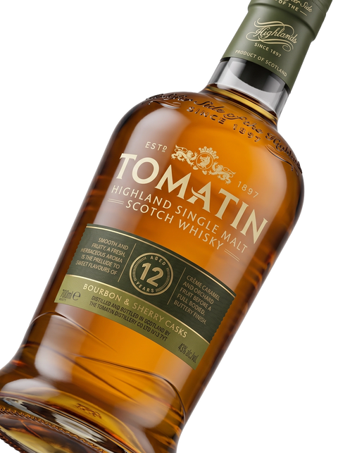 Detalle etiqueta Highland Single Malt Scotch Whisky Tomatin 12 Years Caramelo Fruta Huerto Highlands