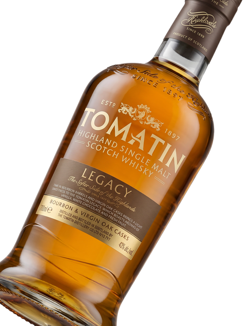 Detalle etiqueta Highland Single Malt Scotch Whisky Tomatin Legacy The Softer Side of the Highlands