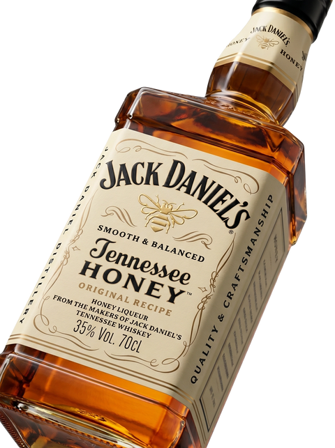 Detalle etiqueta Jack Daniel's Tennessee Honey Honey Liqueur Original Recipe Tennessee Whiskey USA